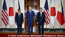 April 11, 2024*（L to R）Philippine President Ferdinand Marcos Jr., U.S. President Joe Biden and Japan's Prime Minister Fumio Kishida are pictured ahead of their trilateral summit at the White House in Washington on April 11, 2024. ( The Yomiuri Shimbun via AP Images )