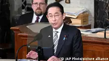 Japan's Prime Minister Fumio Kishida addresses a joint session of U.S. Congress at United States Capitol in Washington on April 11, 2024. ( The Yomiuri Shimbun via AP Images )