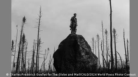 Ein Feuerwehrmann steht nach massiven Waldbränden in Kanada auf einem Stein und blickt auf das verbrannte Gelände.
