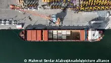IZMIR, TURKIYE - NOVEMBER 09: An aerial view of the cargo ship to deliver medical aid to Gaza via Egypt's Al Arish Port in Izmir, Turkiye on November 09, 2023. Medical supplies and ambulances are loaded by the personnel onto the cargo ship that anchored at Izmir Alsancak Port. Mahmut Serdar Alakus / Anadolu