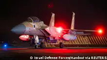 Israeli Air Force F-15 Eagle is pictured at an air base, said to be following an interception mission of an Iranian drone and missile attack on Israel, in this handout image released April 14, 2024. Israel Defense Forces/Handout via REUTERS THIS IMAGE HAS BEEN SUPPLIED BY A THIRD PARTY