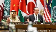 29/11/2023 NEW YORK, UNITED STATED - NOVEMBER 29: Saudi Arabia's Foreign Minister Faisal bin Farhan (L), together with his counterparts from the Organization of Islamic Cooperation (OIC) and Arab LeagueÄôs contact group, meets with UNSC Chairperson-in-Office Wang Yi, Chinese Foreign Minister Wang Yi (R) as part of the United Nations Security Council (UNSC) in New York, United States on November 29, 2023. Turkish Foreign Minister Hakan Fidan (not seen) also attended the program. Murat Gok / Anadolu