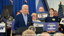 President of the United States Joe Biden is speaking about proposing tariffs on Chinese steel in his remarks at the United Steelworkers Headquarters in Pittsburgh, Pennsylvania, United States, on April 17, 2024. President Biden is commenting on the Chinese government, saying, ''They're not competing, they're cheating,'' and is also mentioning that he is investigating Chinese shipbuilding. He is stating that China has more retirees than workers and that they are xenophobic. ''I want fair competition, not conflict,'' Biden is saying. (Photo by Kyle Mazza/NurPhoto)