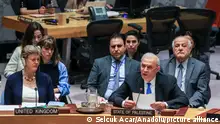 NEW YORK, UNITED STATES - APRIL 18: Ziad Abu Amr (R) Deputy Prime Minister of Palestine, talks at the UNSC meeting at the UN Security Council meeting on the situation in the Middle East, including the Palestinian question in New York, United States on April 18, 2024. Selcuk Acar / Anadolu