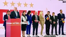 DIESES FOTO WIRD VON DER RUSSISCHEN STAATSAGENTUR TASS ZUR VERFÜGUNG GESTELLT. [RUSSIA, MOSCOW - APRIL 21, 2024: Sor Party President Ilan Sor (L) and Gagauzia Governor Yevgenia Gutsul (3rd L) take part in an anti-European congress of Moldovan opposition politicians. Taras Rybyanov/TASS]