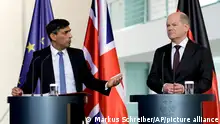 Britain's Prime Minister Rishi Sunak, left, and German Chancellor Olaf Scholz attend a press conference in Berlin, Germany, Wednesday, April 24, 2024. (AP Photo/Markus Schreiber)