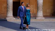 05/10/2023 *** GRANADA, SPAIN - OCTOBER 5: Prime Minister Pedro Sanchez and his wife Begona Gomez arrive at Carlos V Palace, at the Alhambra Palace on October 5, 2023 in Granada, Spain. Heads of state or government are attending the meeting from all 27 EU member states and 20 European nonmembers, with the main focus of the summit is intended to be the 2022 Russian invasion of Ukraine and artificial intelligence. (Photo by Marcelo del Pozo/Getty Images)