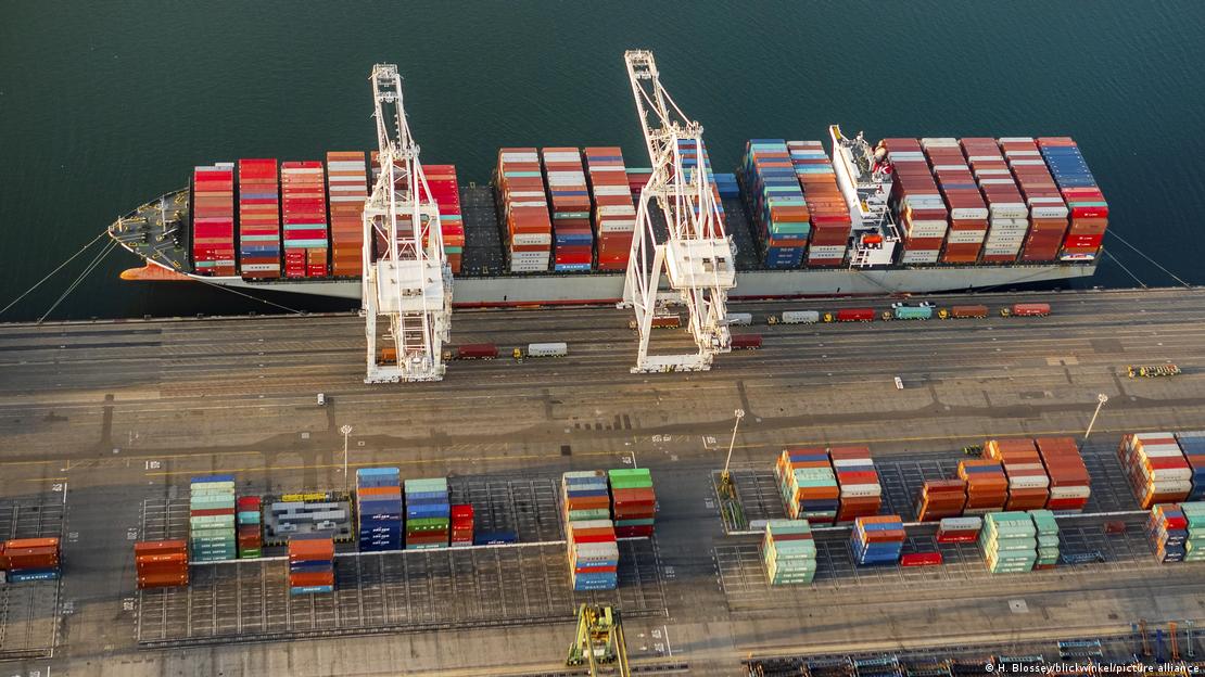 Container ship at Long Beach port, California