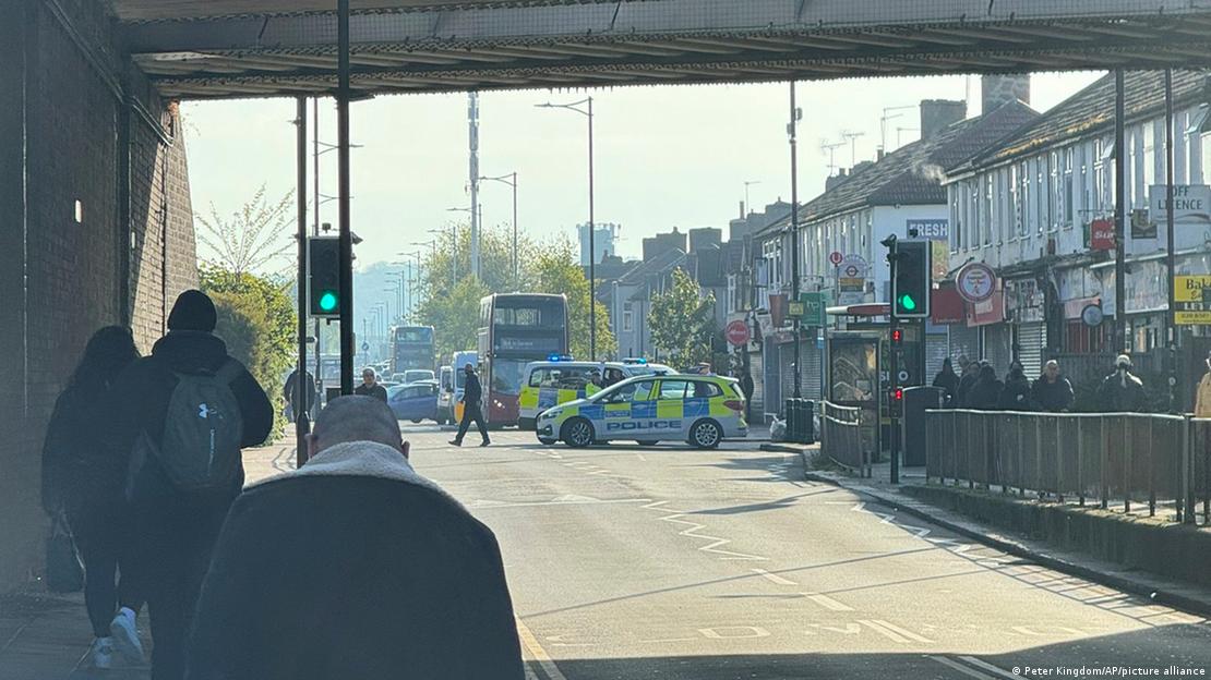 The area in London where police say a man wielding a sword attacked members of the public and two police officers on Tuesday, April 30, 2024 in the east London community of Hainault before being arrested.  