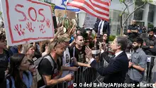 01/05/2024 U.S. Secretary of State Antony Blinken speaks to families and supporters of Israeli hostages held by Hamas in Gaza during a protest calling for their return, after meeting families of hostages in Tel Aviv, Israel, Wednesday, May 1, 2024. (AP Photo/Oded Balilty)