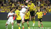 DORTMUND, GERMANY - MAY 01: Marquinhos of Paris Saint-Germain and Mats Hummels of Borussia Dortmund battle for a header during the UEFA Champions League semi-final first leg match between Borussia Dortmund and Paris Saint-Germain at Signal Iduna Park on May 01, 2024 in Dortmund, Germany. (Photo by Alex Grimm/Getty Images) (Photo by Alex Grimm/Getty Images)