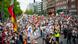 Protesters wave German; Israeli and other flags and banners in Hamburg Protesters wave German; Israeli and other flags and banners in Hamburg