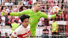 Fußball: Bundesliga, VfB Stuttgart - Bayern München, 32. Spieltag, MHPArena. Stuttgarts Wooyeong Jeong (l) trfft zum 2:1. Rehts Münchens Torhüter Manuel Neuer. +++ dpa-Bildfunk +++