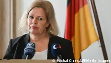 03/05/2024**German Interior Minister Nancy Faeser and her Czech counterpart (not in picture) give a joint press conference at the German embassy in Prague, Czech Republic, on May 3, 2024. Czech government officials said that Prague had been repeatedly targeted by cyberattacks orchestrated by a group with links to Russia's military intelligence service, the GRU. Citing the mode of operation and the focus of these attacks, the foreign ministry blamed the Russian group APT28, also known as Fancy Bear, for the attacks. In Berlin, German officials said that the same group of hackers had also carried out a cyberattack on members of the Social Democratic Party in 2023. Czech Interior Minister Vit Rakusan said his country's infrastructure had recently experienced higher dozens of such attacks. (Photo by Michal Cizek / AFP) (Photo by MICHAL CIZEK/AFP via Getty Images)