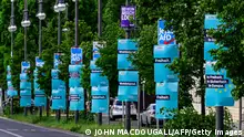 Campaign placards for Germany's conservative Christian Democratic Union CDU party, the far-right Alternative fof Germany AfD, and pro-European Volt party are seen attached to lamp posts ahead of the upcoming EU Parliament elections in Berlin, Germany on May 2, 2024. The 2024 European Parliament election is scheduled to be held on 6 to 9 June 2024. (Photo by John MACDOUGALL / AFP) (Photo by JOHN MACDOUGALL/AFP via Getty Images)