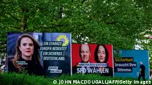 Campaign placards for (from L) the Green Party, the Social Democratic Party SPD and the Christian Democratic Union CDU for the upcoming EU parliament elections line a Berlin street, on May 2, 2024. The 2024 European Parliament election is scheduled to be held on 6 to 9 June 2024. The Green Party placard features main candidate Terry Reintke with a slogan reading A strong Europe means a safe Germany, the SPD placard features German Chancellor Olaf Scholz and main candidate Katarina Barley with an inscription reading: Protect jobs, the CDU placard features an inscription reading: Security needs your vote. (Photo by John MACDOUGALL / AFP) (Photo by JOHN MACDOUGALL/AFP via Getty Images)