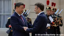 06.05.2024 *** PARIS, FRANCE - MAY 06: President of France Emmanuel Macron (R) shakes hands with President of the People's Republic of China Xi Jinping (L) as he welcomes him to the Élysée Palace during the Chinese President's State Visit to France on May 06, 2024 in Paris, France. This visit marks the 60th anniversary of diplomatic relations between the two countries and follows the visit of the President Macron to Beijing and Canton in April 2023. Discussions will focus on international crises, the war in Ukraine and the situation in the Middle East, trade issues, scientific, cultural and sporting cooperation and the environment. (Photo by Kiran Ridley/Getty Images)