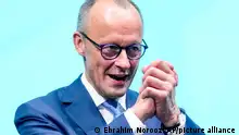 Christian Democratic Party leader Friedrich Merz reacts at a CDU party convention in Berlin, Germany, Monday, May 6, 2024. (AP Photo/Ebrahim Noroozi)