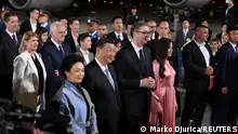 Serbian President Aleksandar Vucic and his wife Tamara Vucic welcome China's President Xi Jinping and his wife Peng Liyuan for an official two-day state visit, at Nikola Tesla Airport in Belgrade, Serbia, May 7, 2024. REUTERS/Marko Djurica