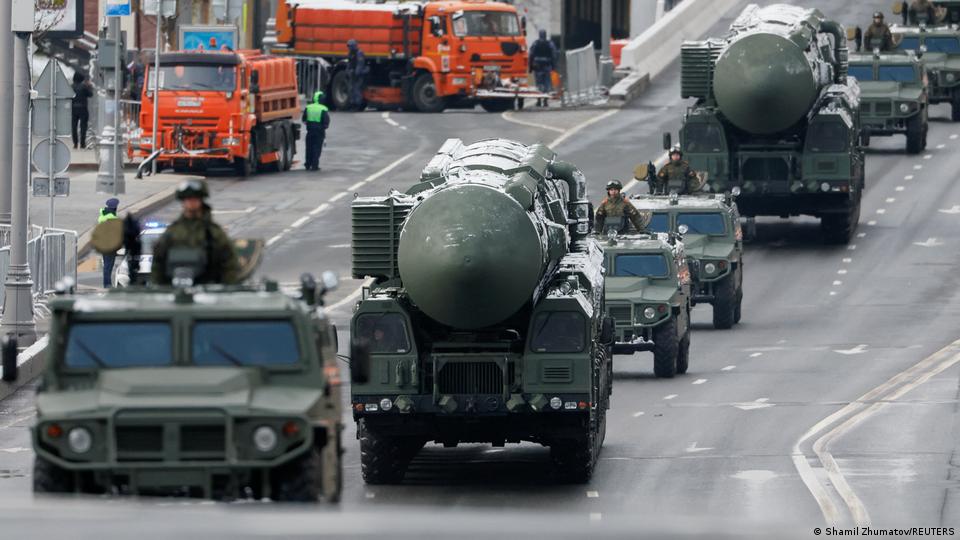 Russian military vehicles, including Yars intercontinental ballistic missile system units, drive along a road before a military parade on Victory Day, which marks the 79th anniversary of the victory over Nazi Germany in World War Two, in Moscow, Russia, May 9, 2024.