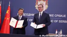 08.05.2024+++ Chinese President Xi Jinping and Serbian President Aleksandar Vucic display signed documents in for the media at the Palace of Serbia during the Chinese president's two-day state visit in Belgrade, Serbia, May 8, 2024. REUTERS/Marko Djurica