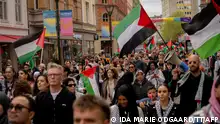 Demonstrators carry Palestinian flags protest against Israel's participation in the Eurovision Song Contest (ESC) in Malm�, Sweden, on May 9, 2024. Russian-Israeli singer Eden Golan representing Israel with the song Hurricane will participate in the second semi-final of the song competition. (Photo by Ida Marie Odgaard / TT NEWS AGENCY / AFP) / Sweden OUT