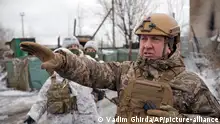 Ukraine Tensions
Ukraine's Gen. Oleksandr Pavliuk, commander of the Joint Forces Operation, gestures during a visit to frontline positions outside Avdiivka, Donetsk region, eastern Ukraine, Wednesday, Feb. 9, 2022. French President Emmanuel Macron said Tuesday that Russian President Vladimir Putin told him that Moscow would not further escalate the Ukraine crisis.(AP Photo/Vadim Ghirda)