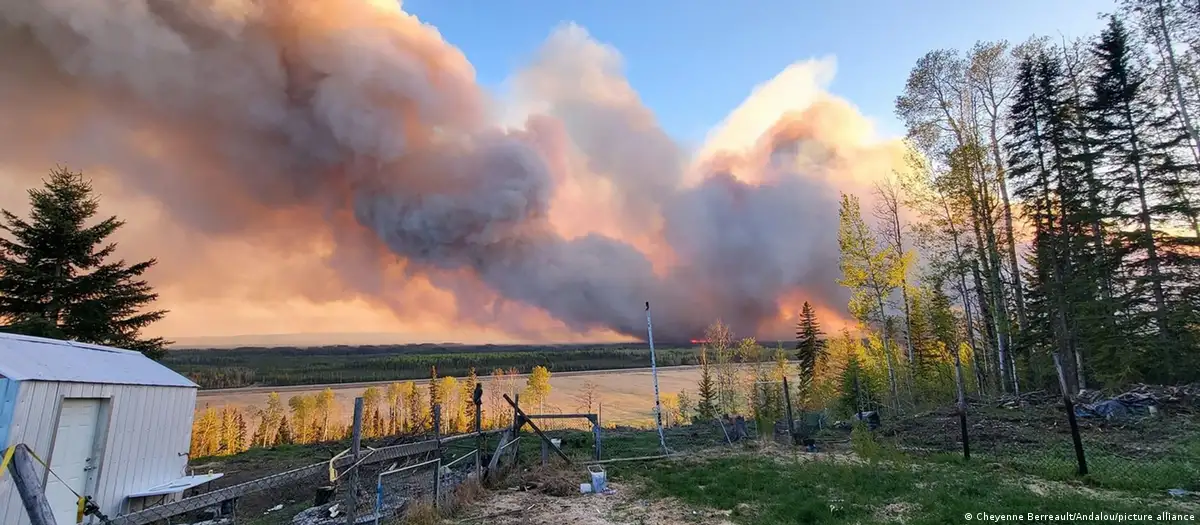 Una gran columna de humo de un incendio forestal sobre un paisaje con árboles