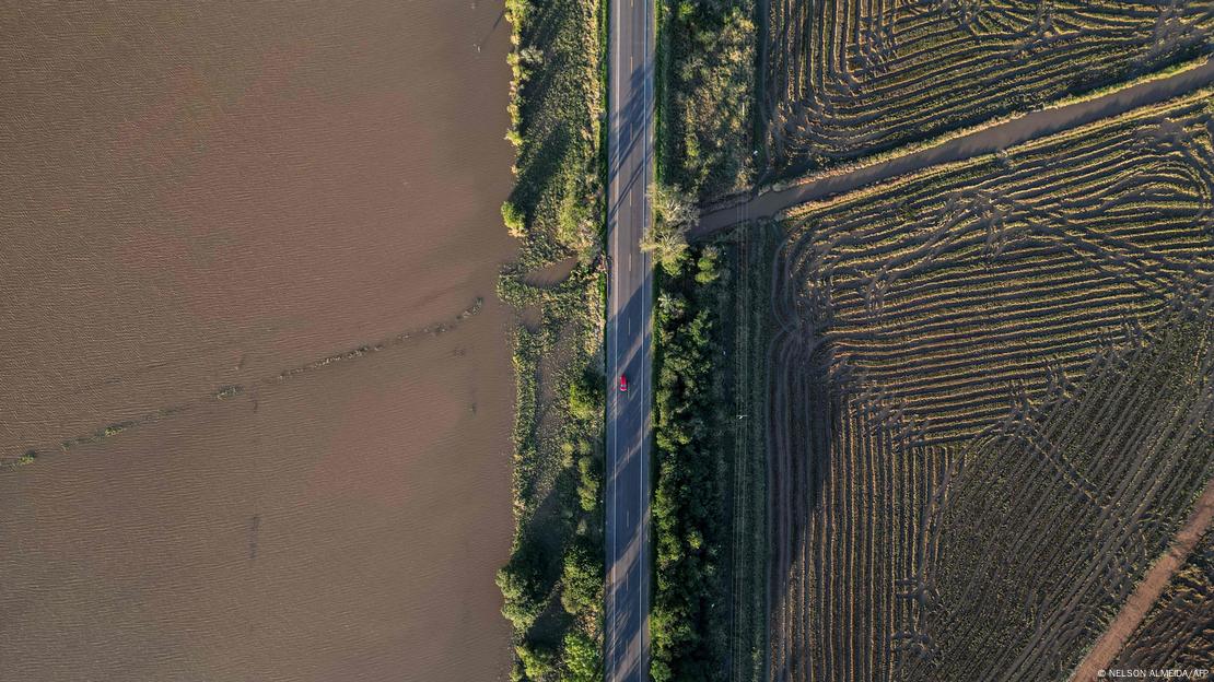 Foto aérea mostra uma rodovia ao lado de uma plantação de arroz alagada