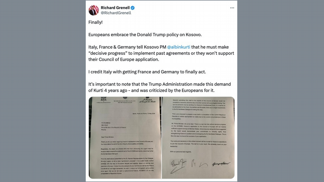 Një screenshot i një postimi në rrjetet sociale nga Richard Grenell, i cili diskuton letrën nga Macron, Scholz dhe Meloni drejtuar kryeministrit të Kosovës, Albin Kurti.