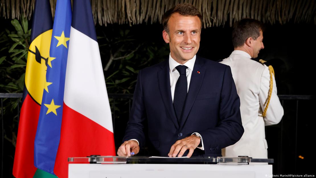 French President Emmanuel Macron smiles during a speech at the New Caledonia's High Commissioner residency, in Noumea