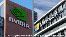links ©/MAXPPP - TIANJIN, CHINA - FEBRUARY 07: A Nvidia logo is seen on the company's building at an industry park on February 7, 2019 in Tianjin, China. (Photo by VCG)
rechts
Das Logo von Microsoft ist am 06.03.2017 an der Fassade der neuen Microsoft-Deutschland-Zentrale in München (Bayern) zu sehen. Im Hintergrund stehen die Highlight-Towers mit den Logos von IBM und Fujitsu. Foto: Matthias Balk/dpa