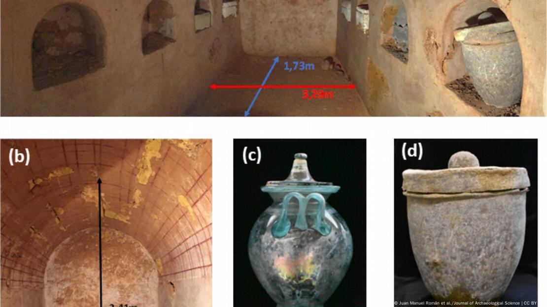 La tumba contenía ocho nichos funerarios, seis de los cuales albergaban urnas de piedra caliza, arenisca o vidrio y plomo.