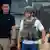 Daniel Noboa en el centro de la imagen, con chaleco y casco militares. A su lado, dos hombres con aspecto de ser agentes de seguridad.