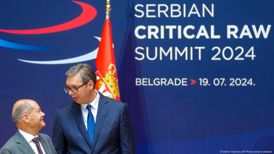 Nemački kancelar Olaf Šolc i predsednik Srbije Aleksandar Vučić na Samitu o kritičnim sirovinama 19. jula 2024. u Beogradu