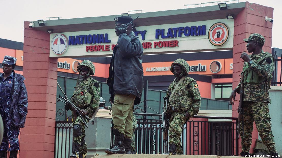 Uganda security forces stand guard outside the National Unity Platform (NUP) political party offices led by Robert Kyagulanyi, popularly known as Bobi Wine, ahead of anti-government protests at the Makerere Kavule, in the suburb of Kampala, Uganda July 22, 2024