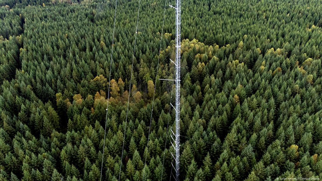 Estação de pesquisa ICOS em Hyltemossa, na floresta fora de Perstorp, Suécia, em 29 de setembro de 2022. O mastro de 150 metros de altura mede as emissões de gases de efeito estufa no ar em três alturas diferentes - 30, 70 e 150 metros.