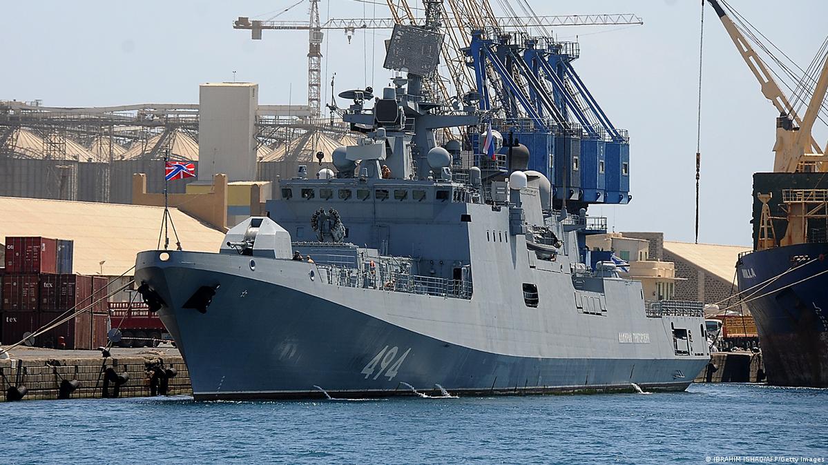 A 2021 file photo of a Russian frigate at port