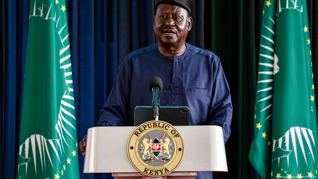 Former Kenyan Prime Minister Raila Odinga behind a lectern