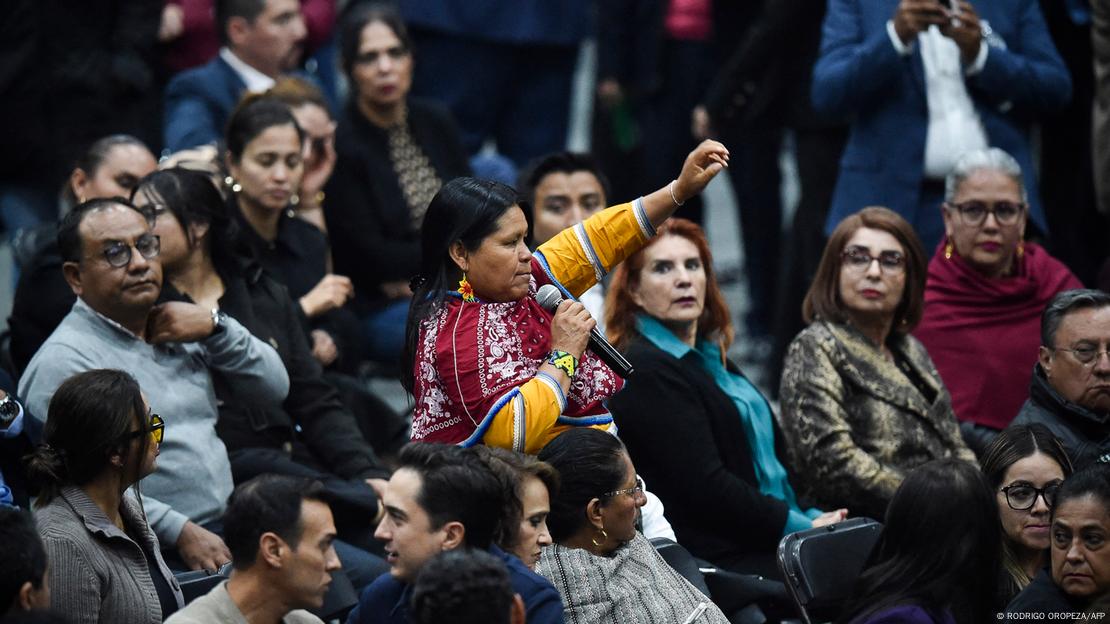 La diputada, ataviada con un traje tradicional, se pone en pie con el micrófono en una mano y la otra levantada mientras los diputados alrededor la miran.