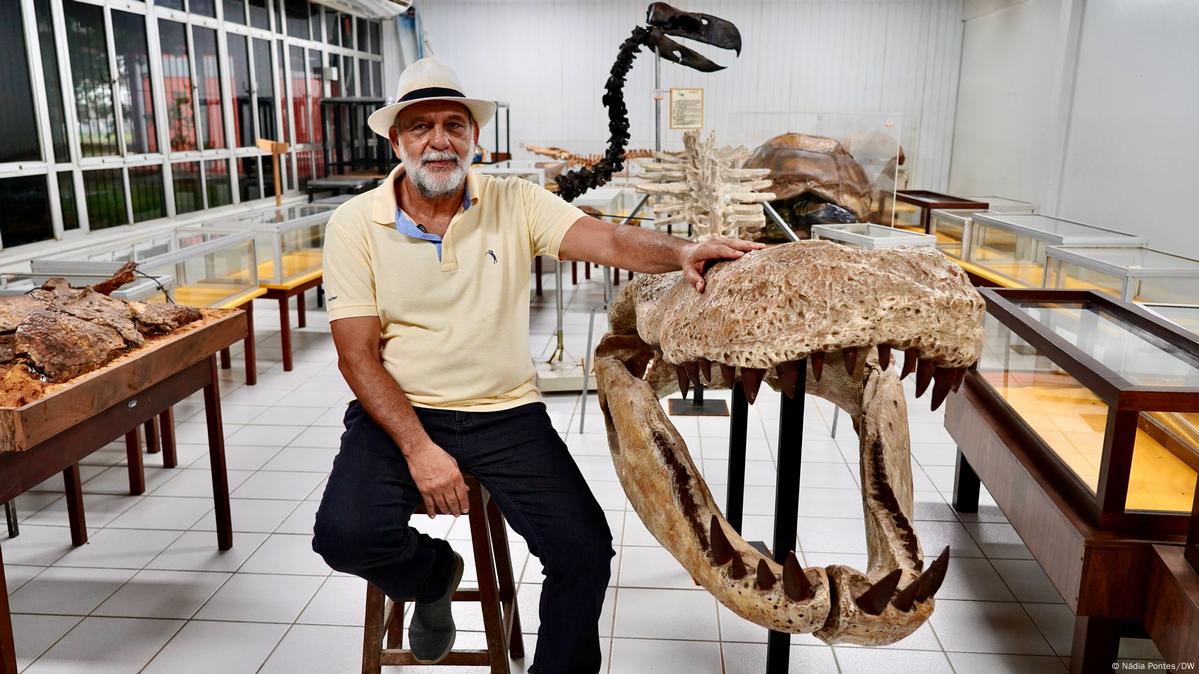 Pesquisador ao lado de crânio de jacaré milenar