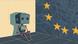 Ilustración: Un robot, sentado, mira un muro con telarañas y las estrellas de la UE. Ilustración: Un robot, sentado, mira un muro con telarañas y las estrellas de la UE.
