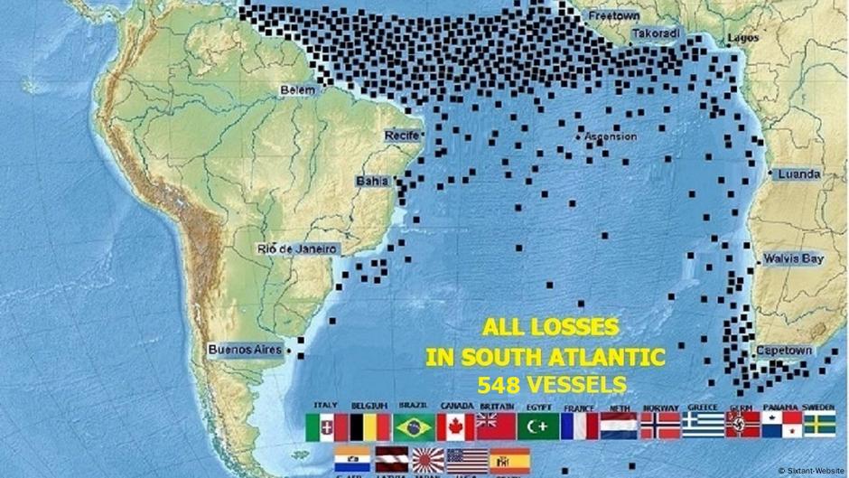 Rekonstrukcija: sajt Sixtant navodi da u južnom Atlantiku, između Brazila i Afrike, ima 548 potopljenih brodova iz Drugog svetskog rata