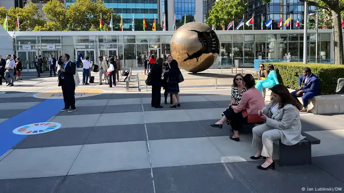 Attendees outside of UN buildings at Summit of the Future