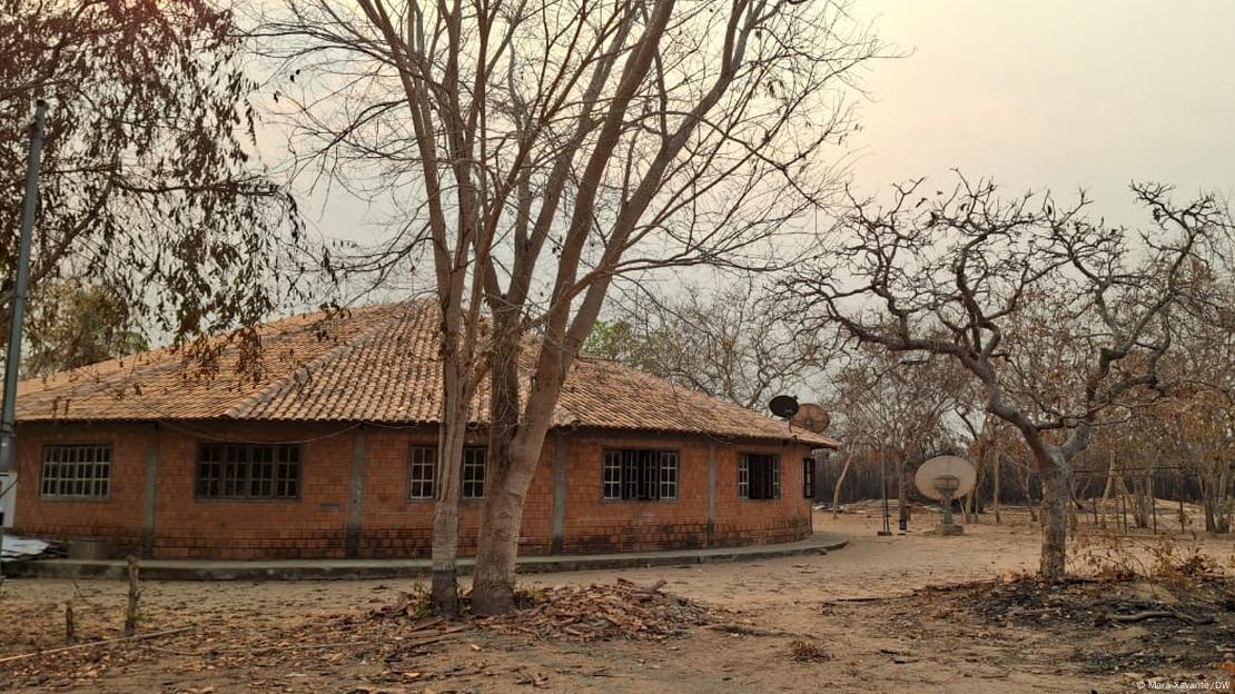 Moradia cercada por vegetação queimada na TI Pimentel Barbosa