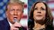 Donald Trump and Kamala Harris at campaign rallies in front of US flags Donald Trump and Kamala Harris at campaign rallies in front of US flags