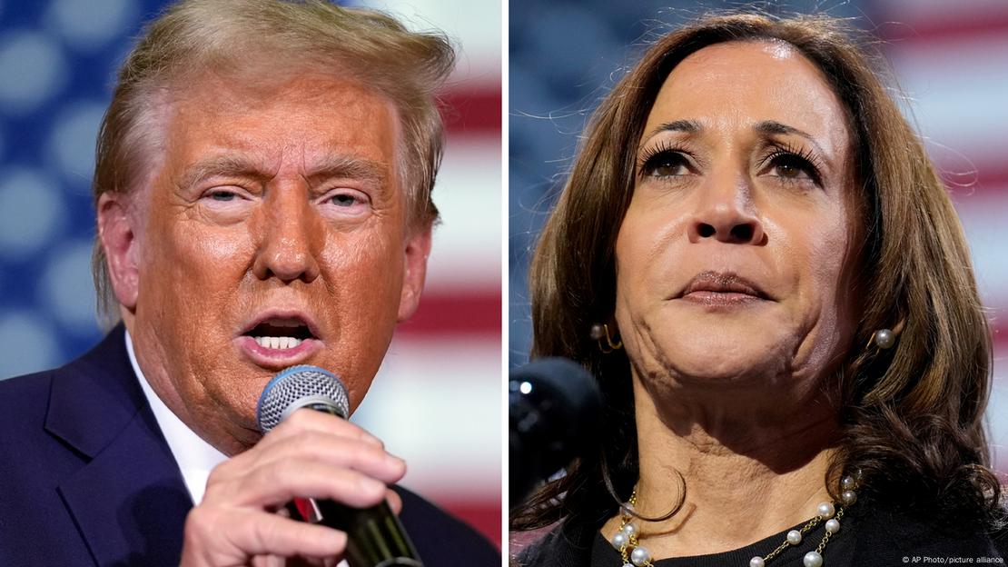 Donald Trump apo Kamala Harris, portretet të tyre, Trump me mikrofon në dorë