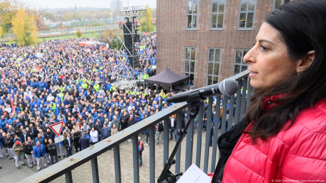 Daniela Cavallo, Volkswagen's works council head addresses a crowd of protesting workers