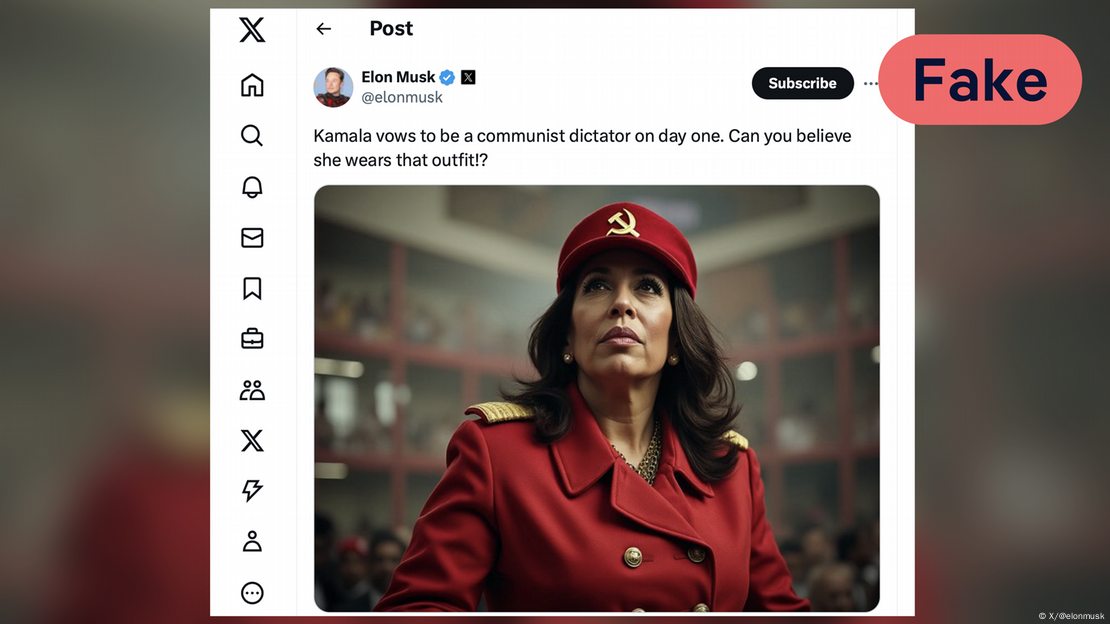 Foto falsa en un posteo de Elon Musk: una foto de alguien parecido a Kamala Harris, vestida de rojo, como una "dictadora comunista".