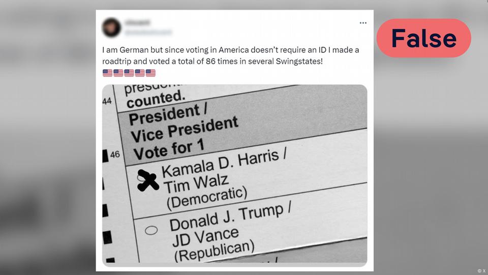 "I am German, but since voting in America doesn't require an ID, I made a road trip and voted a total of 86 times in several swing states," reads  a post on X that includes an image of a ballot marked for Kamala Harris and Tim Walz from the Democratic Party for president and vice president